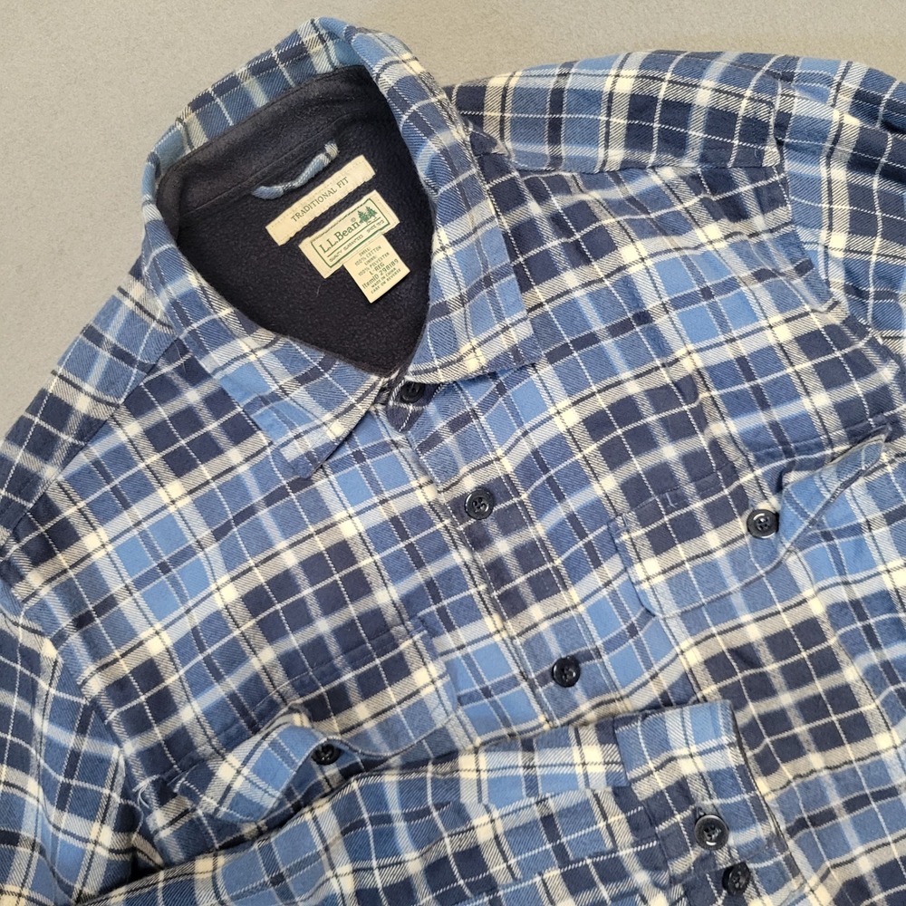 LL Bean‎ Mens Fleece Lined Flannel Shirt Blue Plaid Traditional Fit L-REG 298189
